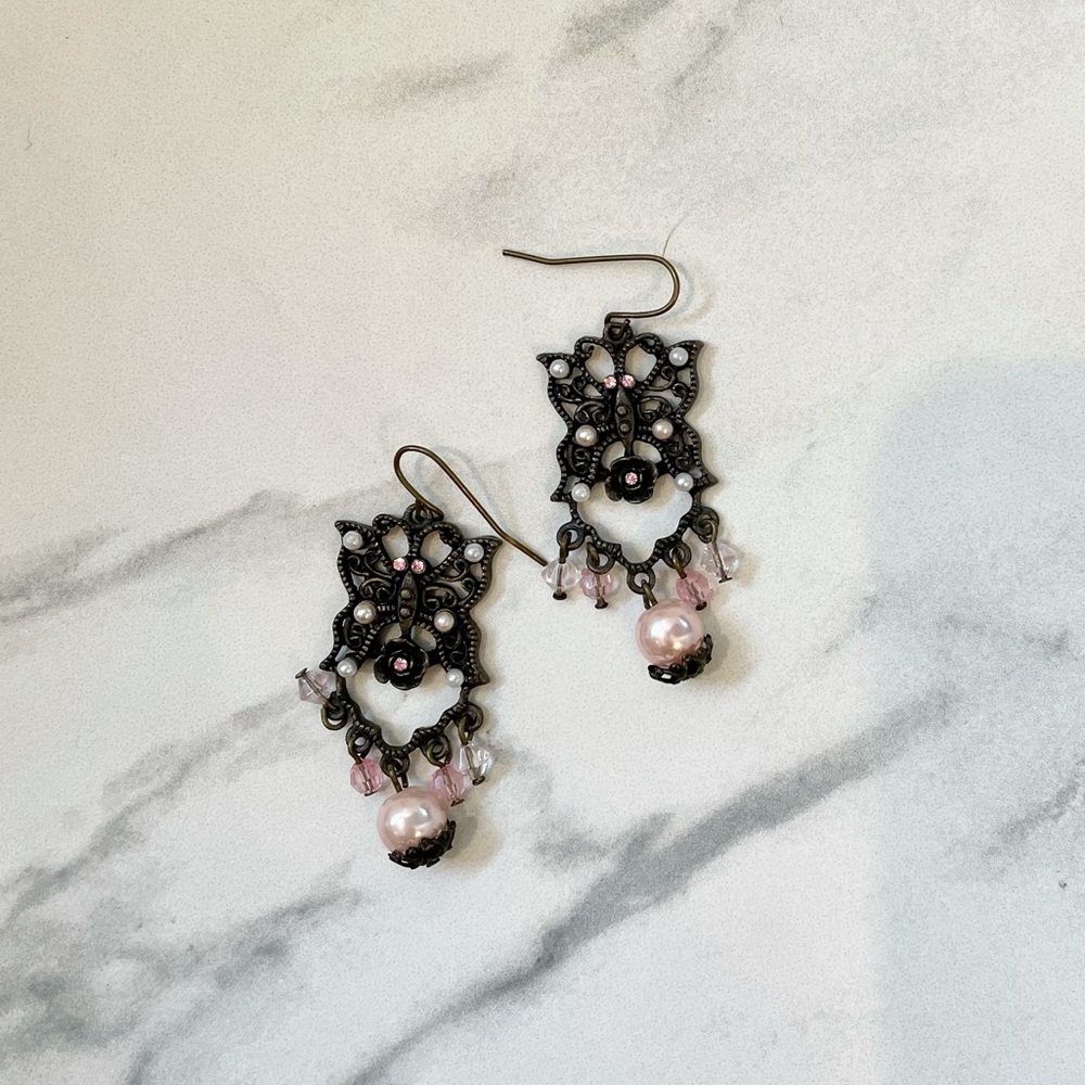 Pink beaded butterfly earrings